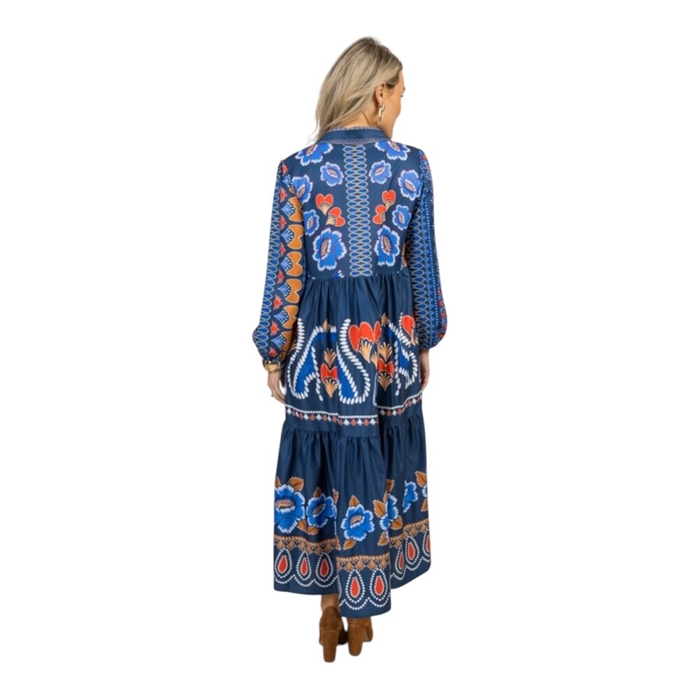 Sunday Up Dress Womens Size Medium Blue Red Bohemian Maxi Tiered Floral Collar - Picture 2 of 10